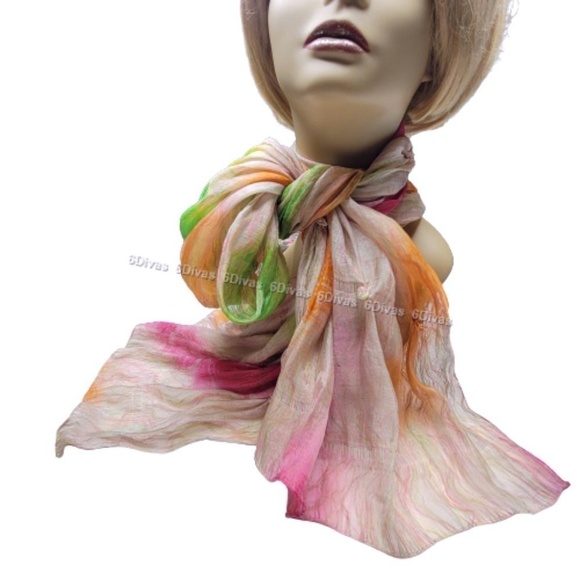 Accessories - Multicolor Wide and Long Rectangular Silk and Polyester Crinkle Scarf